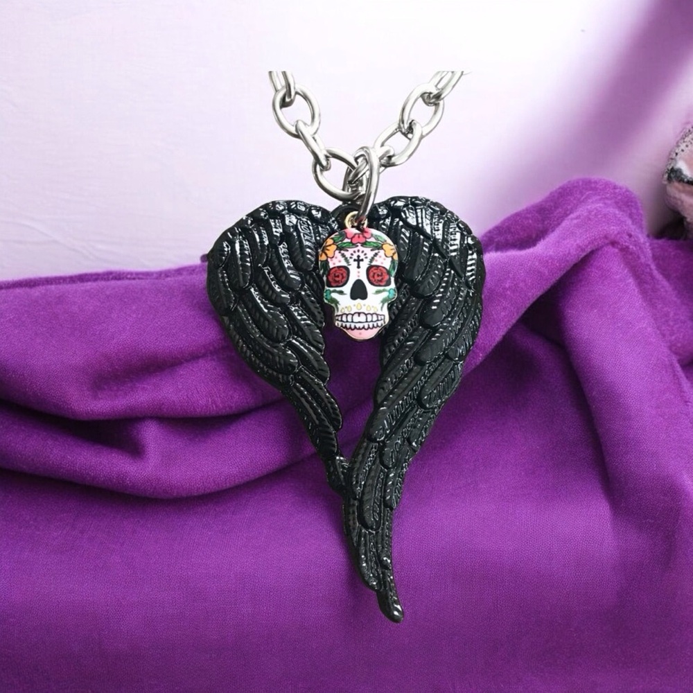 🆕 3D Angel Wings and Sugar Skull Pendant Necklace Alloy/Stainless Steel